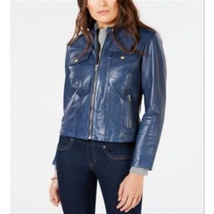 Cole Haan Leather Front-Pocket Moto Jacket COLE HAAN SIGNATURE - Indigo, Women